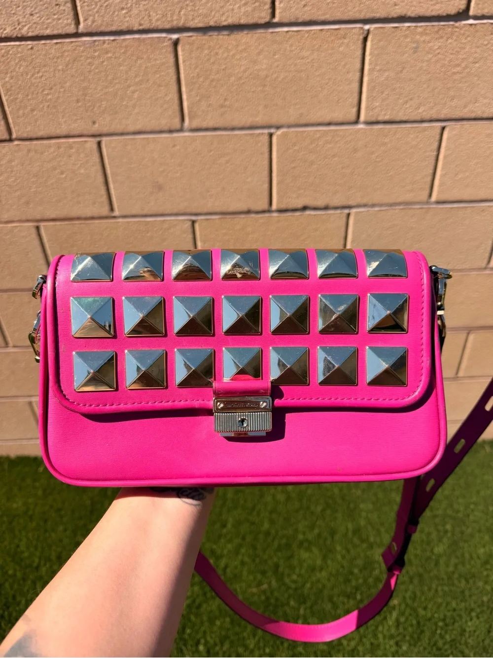 Micheal Kors Studded fuchsia Crossbody Bag with Gold Hardware